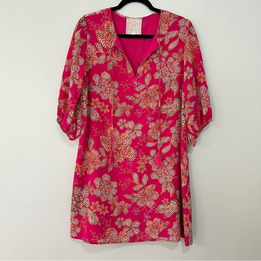 Johnny Was Vesna Floral 100% Silk Tunic Dress Pink Multi Boho Style Size Small